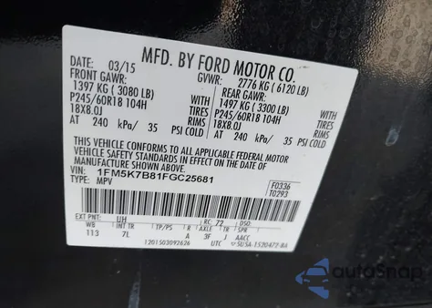 2015 Ford Explorer из США, поврежденный, VIN 1FM5K7B81FGC25681